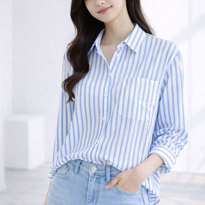 여성 스트라이프 남방 셔츠 캐주얼 데일리 봄 남방 55~66 단정한 정장 셔츠