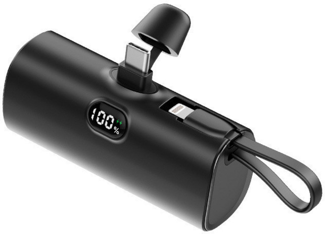 AIVK P60直插式行動電源 閃充 數位顯示 pro升級版 迷你膠囊口袋電源 口袋寶 行動電源 適用蘋果 安卓, 月空黑,平果 直插口+Type-C自帶線, P60