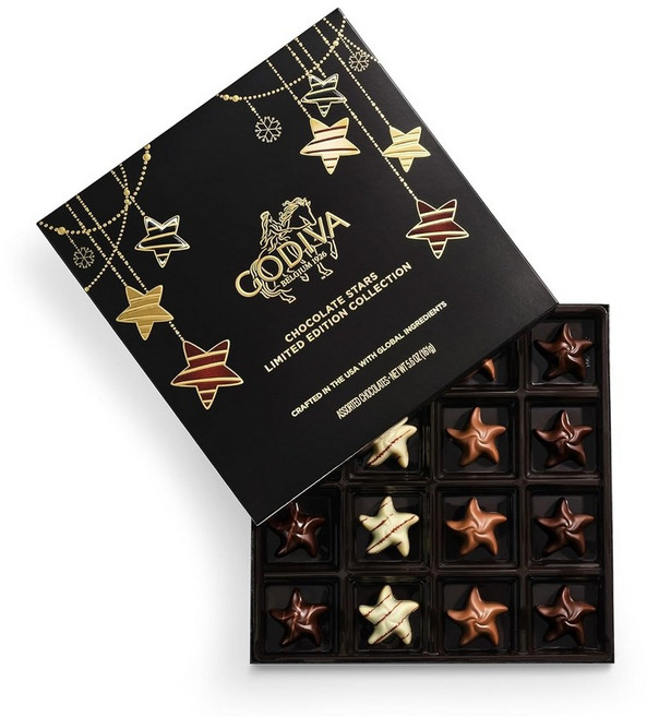 고디바 홀리데이 스타 컬렉션 PC 카라멜 라즈베리 모양 축제용 별 초콜릿 & 선물 한정판 들어간 상자 컬렉션 가나슈가 필링 16개