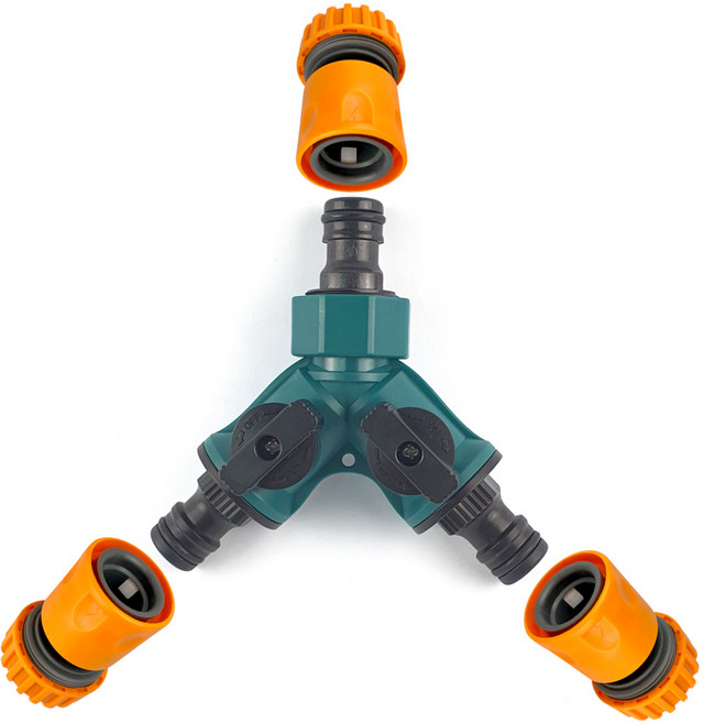 2구 수도분배기(1개) + 원터치 호스 커넥터 19mm(3개) 세트, 혼합, 1세트