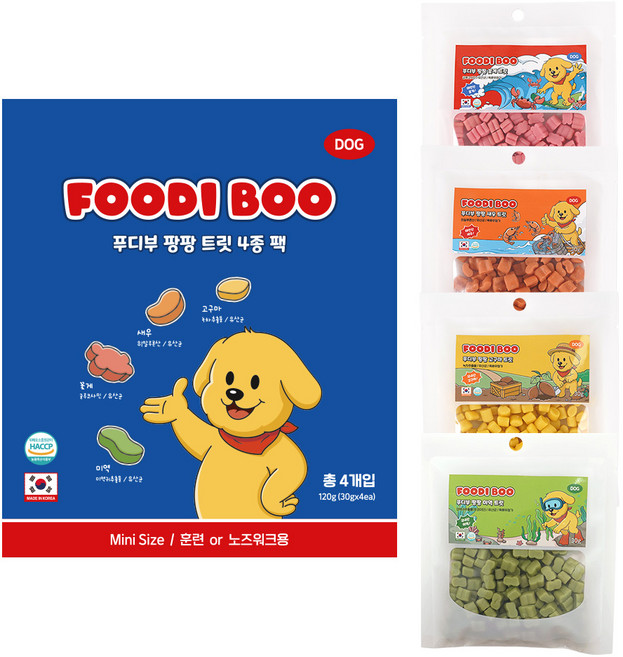 푸디부 강아지 간식 저칼로리 저알러지 노즈워크 트릿 4종팩, 4개, 30g, 혼합맛(꽃게,새우,미역,고구마)