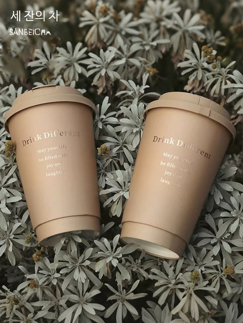 테이크아웃종이컵 뚜껑포함 베이지 고급 종이 이중 일회용 330ml +업그레이드 화이트나비뚜껑 100개 100세, 1개, 100세트