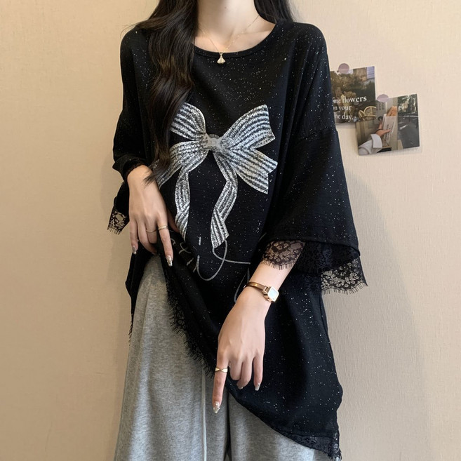 ANYOU빅사이즈 여성복 주름 냉장고 나비 자수 안개꽃 반팔 티셔츠 여 여름 루즈핏 날씬해 보이는 상의