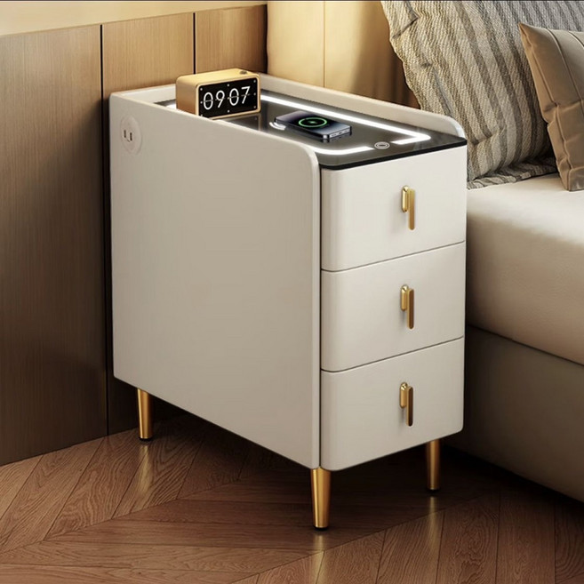 JWJJ 小型實木智慧床頭櫃, 米白色三色燈無線充USB 35*40*60cm, 1個