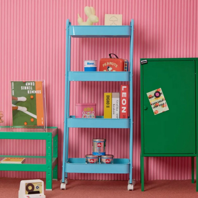 비아베네또 이동식 트롤리 틈새 선반 수납 철제 바퀴 미니 트롤리 3단, 스카이블루, 4단