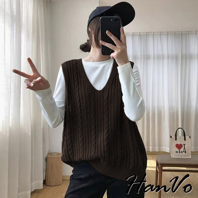 HanVo 直紋甜美麻花針織背心 秋冬質感寬鬆百搭韓系女裝