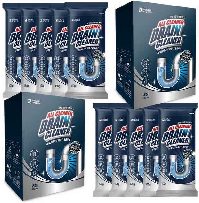 [대용량 5+5]네츄럴오가닉 강력배수구 올클리너 싱크대 하수구막힘 배수관 세면대 욕실청소 악취제거 5개입 2박스[총10회분], 배수구 클리너 5개입 2박스