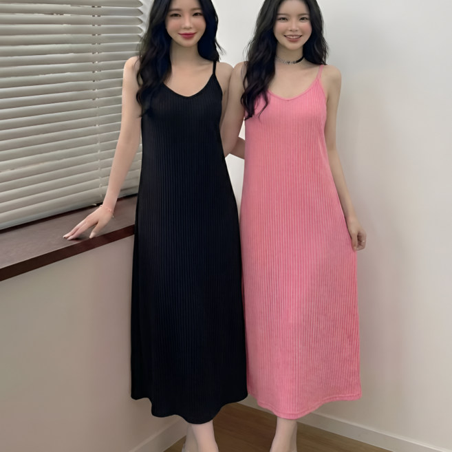 쁘띠엘라 찰랑스판 플리츠 끈나시 롱 원피스 휴양지 뷔스티에 2p