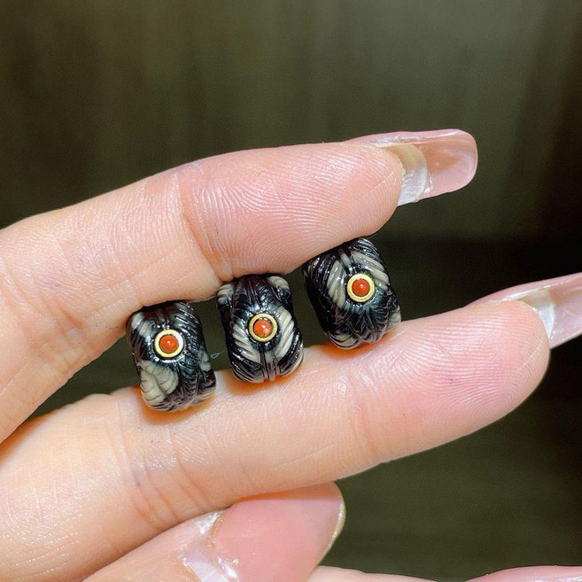 藏式天珠瑪瑙鑲嵌羽毛扣 文玩手串配珠