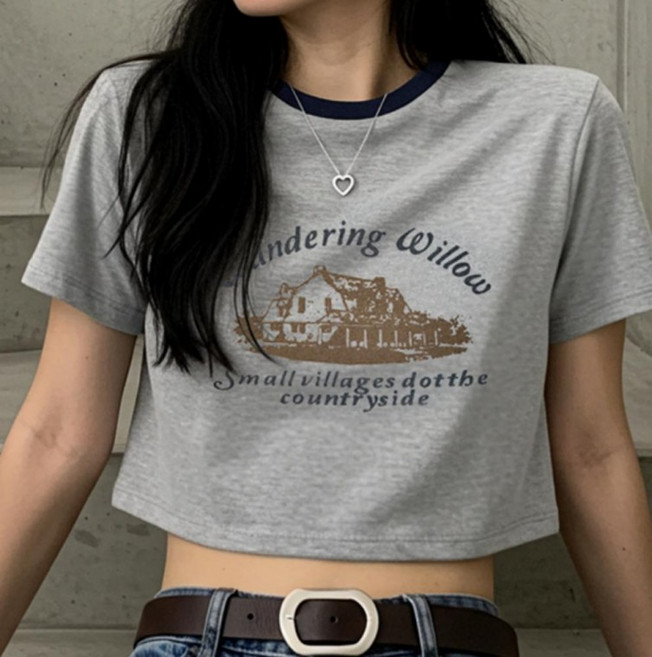 여성 여름 기본 베이직 프린팅 세미 크롭 반팔 티셔츠