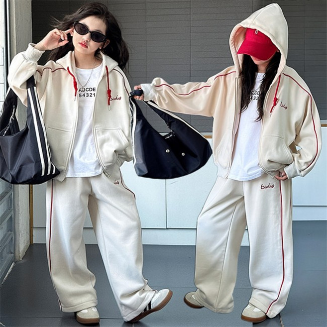 비비키드 여아 기모 레터링 자수 캐주얼 라인 후드집업 겨울 초중생 상하복 세트 주니어 긴팔 상의+하의 세트 초등생 긴바지 (5032)