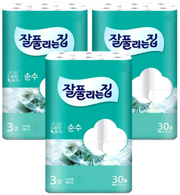 잘풀리는집 깨끗한 3겹순수 30롤x3팩, 30롤, 3개