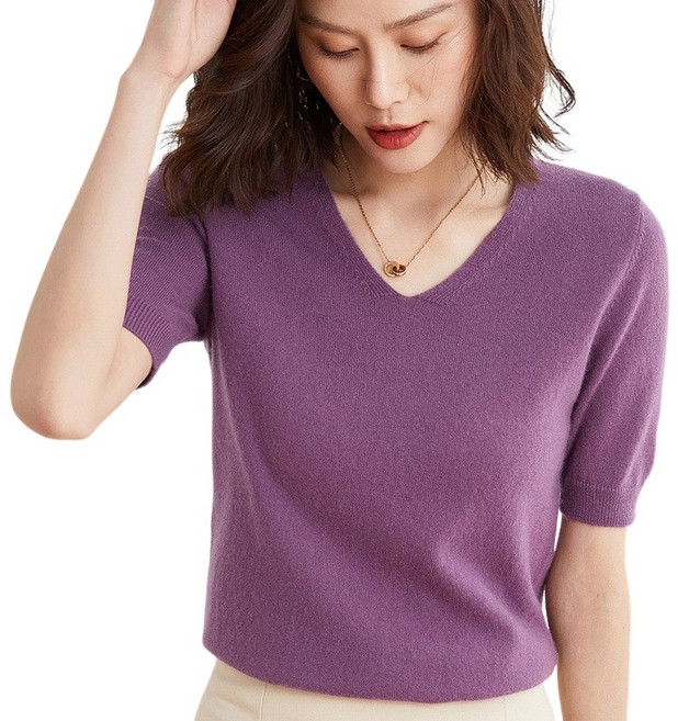 여성 기본핏 브이넥 데일리룩 슬림포인트 비스코스 혼방 부드러운 반팔 니트