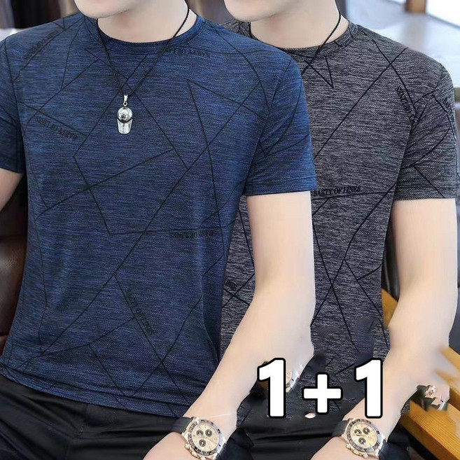 AOKADA 1+1 남성 반팔 티셔츠 쿨티 아이스 실크 쿨링 스판 라운드넥 슬림핏 면티 중년 남자 반팔티 스포츠 헬스 기본티