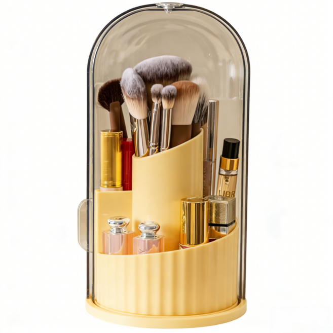 화장품정리함 360도 회전형 메이크업 브러쉬 정리함 먼지차단 방수 화장대정리함, 크림 옐로우× 1개, 1개