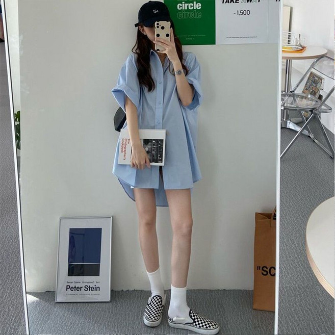 (완전 편한) 150kg까지 빅사이즈 여성 하프 심플 면 우아한 날씬해보이는 셔츠 여름 편한 루즈핏 베이직 캐주얼 고급 오버핏 데일리 디자인 오피스룩 남방