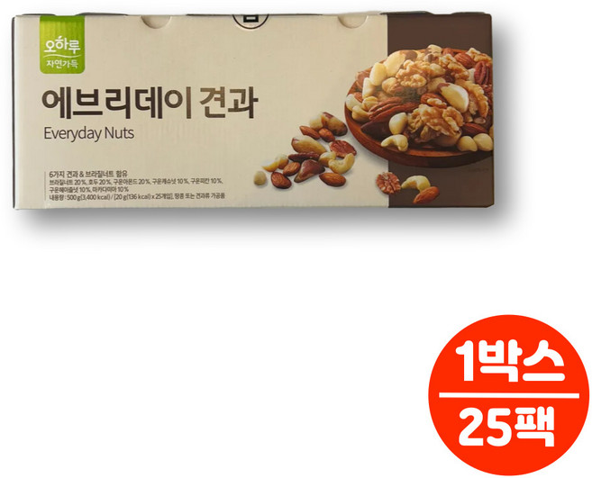 에브리데이 매일 하루 일일 견과 프리미엄 너츠 모듬 견과류 피칸 브라질넛 헤이즐넛 마카다미아 캐슈넛 아몬드 호두, 500g, 1세트