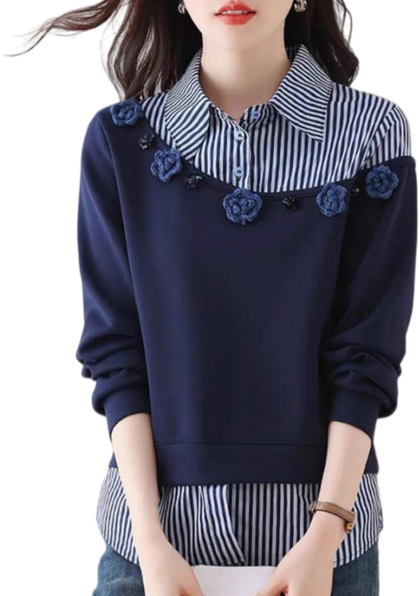 Makone 여성 셔츠카라 스트라이프 프린트 레이어드 트랜드 빈티지 데일리 맨투맨