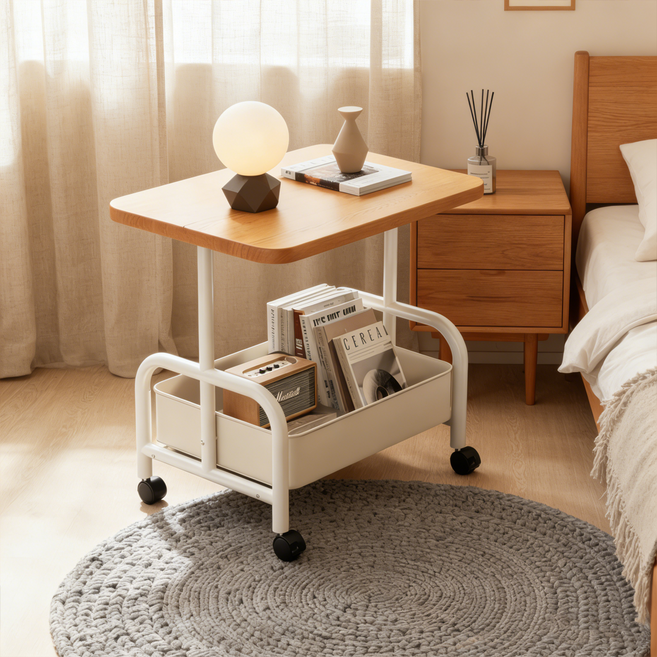 이쁜 우드 상판 튼튼한 철제 프레임 이동식 다용도 수납 트롤리, 2단, 원목