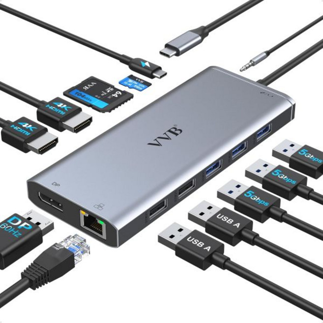 DellHPLenovo 노트북 USB C 허브 멀티포트 어댑터 동글 도크용 도킹 스테이션 듀얼 모니터 HDMIUSB C에서 HDMI디스플레이포트 DP이더넷100W 전원 충전 포, 13 Ports 2HDMI+DisplayPort, 1개