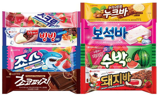 롯데 막대아이스크림 8종 5개씩 40개 죠스바 스큐류바 보석바 수박바 빙빙바 초코퍼지 돼지바 누크바, 1세트, 3.075L