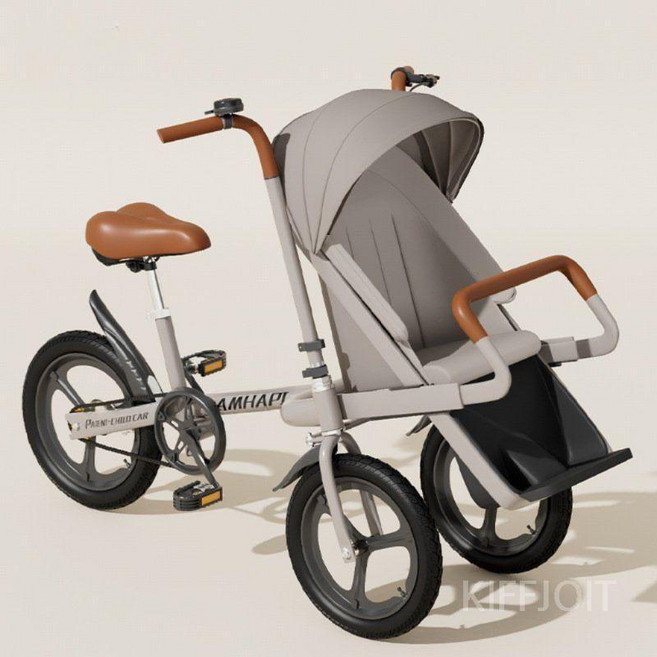 제니오숲 2인용패밀리 세발 자전거, 브라운 컬러 + 안전벨트 + 전복방지 + 차양