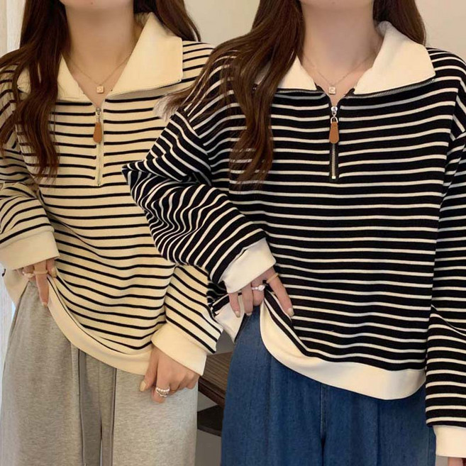 TIMEPURE 1+1 2장입 세트 여성용 스트라이프 반집업 티셔츠 봄 가을용 빅사이즈 오버핏 캐주얼 긴팔 맨투맨
