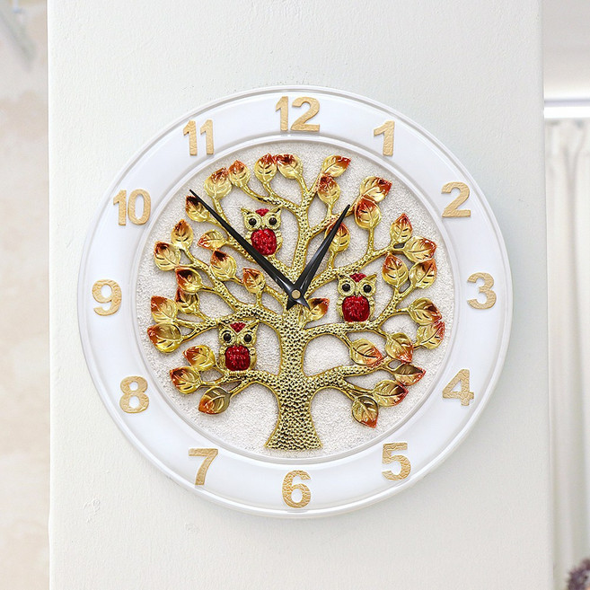 골드도금 돈나무 부엉이 벽시계 벽걸이 인테리어 거실 집들이 사무실 개업 선물, 1. 화이트(W1)