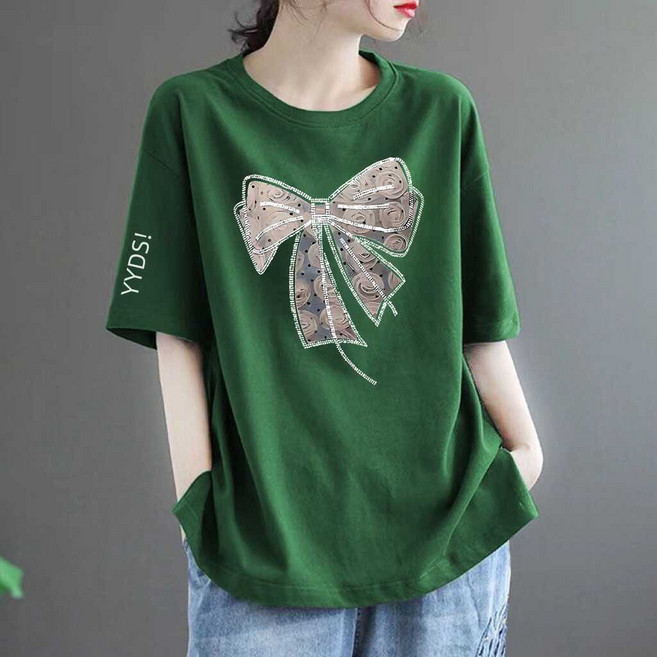 중년 여성 반팔 티셔츠 봄 여름 루즈핏 빅사이즈 상의 엄마 슬림핏 순면 라운드넥 반팔티 SJS