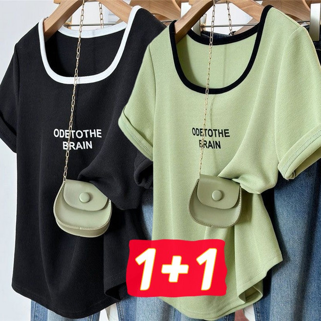 1+1 여자 스퀘어넥 반팔 티셔츠 루즈핏 U넥 레터링 프린트 여름 쿨티셔츠 빅사이즈