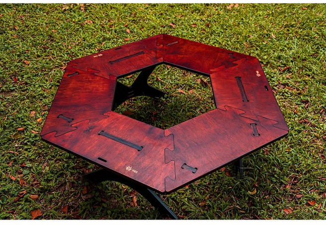 六邊形拼接露營桌 戶外野餐便攜式木質餐桌, Wood grain Brown