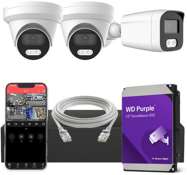 [실내/외] HNTek 800만화소 CCTV 자가설치 세트 하드 3TB 포함, 1개, 실내2대, 실외1대(4채널 녹화기+케이블+하드 3TB)