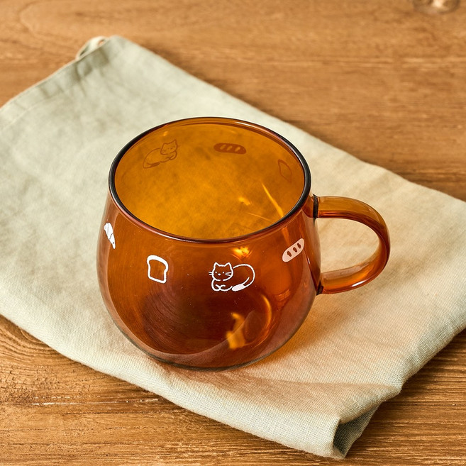 모던하우스 L 냥이네 빵굼터 브라운 손잡이 유리잔 400ml 빵 NK2425021, 1개, 냥이네빵굼터브라운