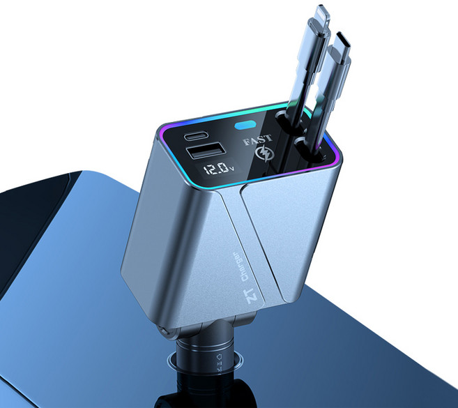 Belia 차량용 고속충전기 동시4대충전 릴타입 자동차 충전기, type-C+iPhone