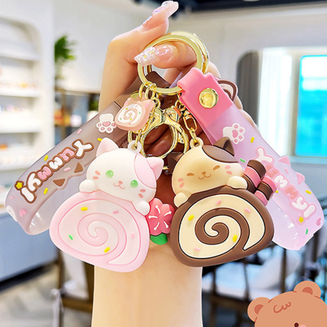 롤 케이크 고양이 캐릭터 열쇠고리 자동차 가방 키홀더 에어팟 키링 스트랩, 브라운, 1개