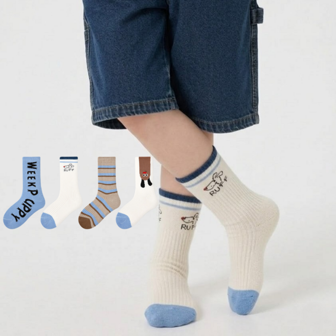 아동용 어린이 스카이블루 강아지 중목 양말4 켤레 세트