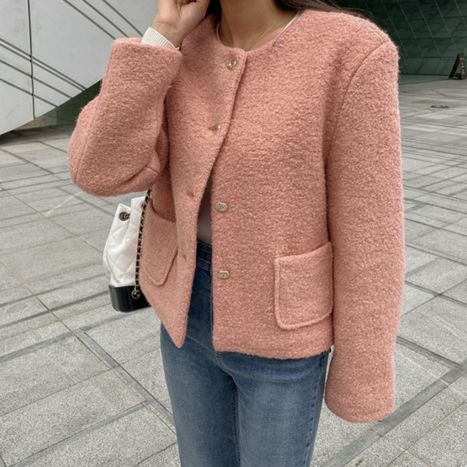 화이트폭스 여성용 노카라 골드 버튼 트위드 자켓