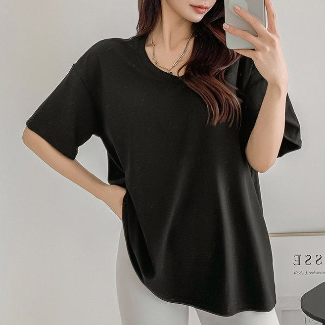 디즈마 촉촉 레이온 여성 브이넥 반팔 티셔츠 오버핏 반팔티 루즈핏