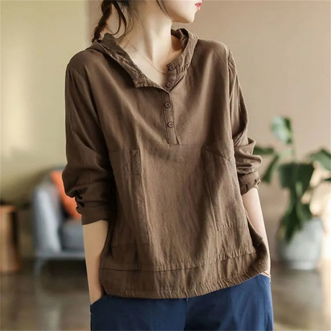 TKX 면마 티셔츠 중년여성 캐주얼 후드 긴팔 티셔츠 면 소재 봄 가을 오버핏 KY97