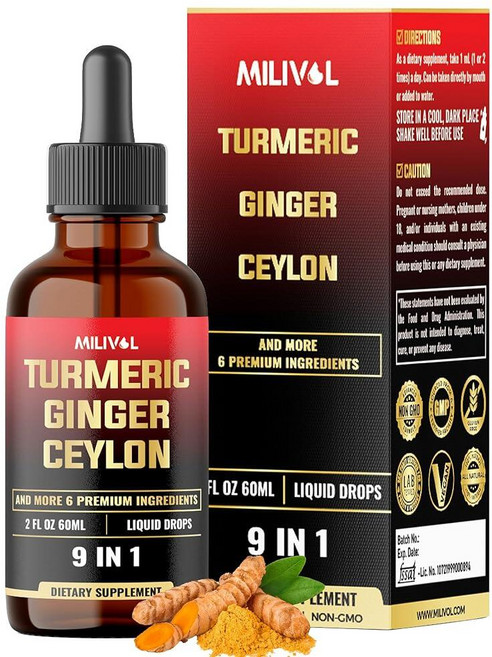 MILIVOL 9in1 액체 강황 커큐민 생강 베르베린 실론 마늘 흑후추 관절 지지를 위한 흑후추 함유 - 50ml(2액량 온스) 60회 분량, MILIVOL 9in1 액체 강황 커큐민, 생강, 베르, 1개