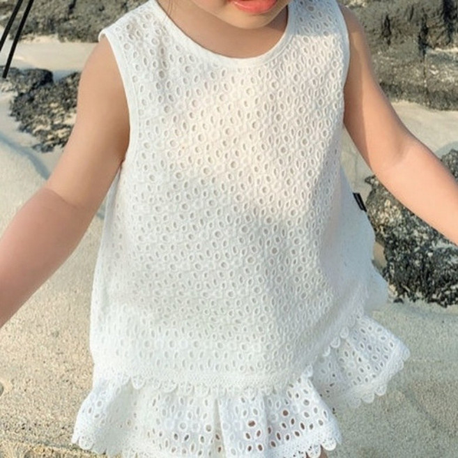 구빠방 아동 펀칭 레이스 나시 민소매 버튼 튜튜 밴딩 치마 바지 세트 투피스