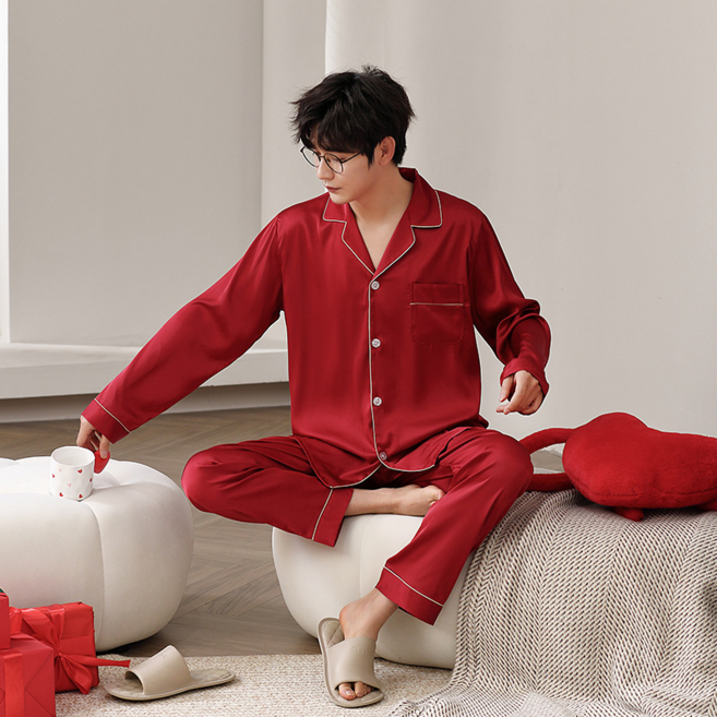 REZENZI 남성 실크핏 파자마 세트 M-3XL 커플 홈웨어 봄가을 얇은 잠옷 빅사이즈커플용