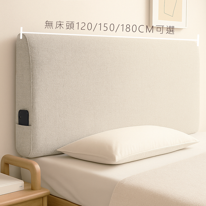 可拆洗純棉床頭靠墊 120/150/180CM 可選, 無床頭米色