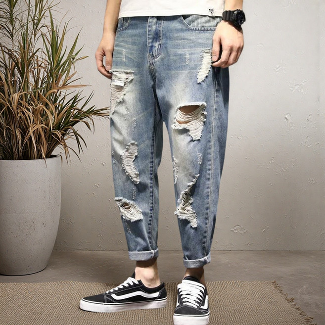 남자 빅사이즈 데님 배기핏 팬츠 9부 찢어진 청바지