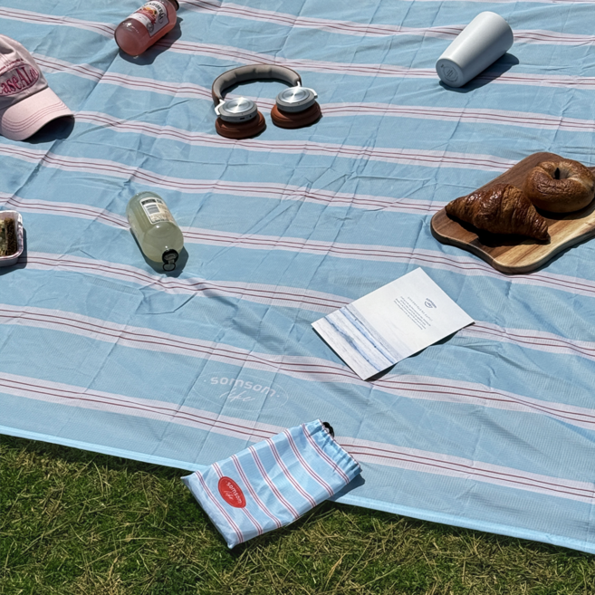 솜솜라이크 여행용 경량 피크닉매트 미니 방수 돗자리, 스트라이프 에메랄드블루