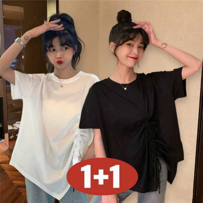 (신상 추천) 150kg까지 빅사이즈 1+1 여성 스트링 언발티 스트랩 반팔 티셔츠 여름 편한 비대칭 셔링 입체 디자인 패션 심플 기질 고급 캐주얼 시원한 기본티 루즈핏 상의 티