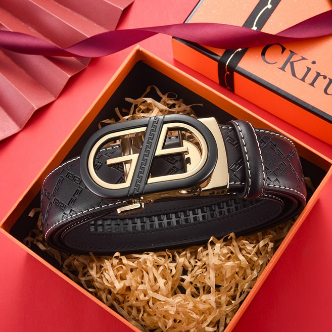 CKIRUV 고급 남성 럭셔리 자동 버클 진짜 가죽 벨트 - 정교한 스티치와 고급스러운 듀얼 컬러 합금 버클 비즈니스 캐주얼 스타일