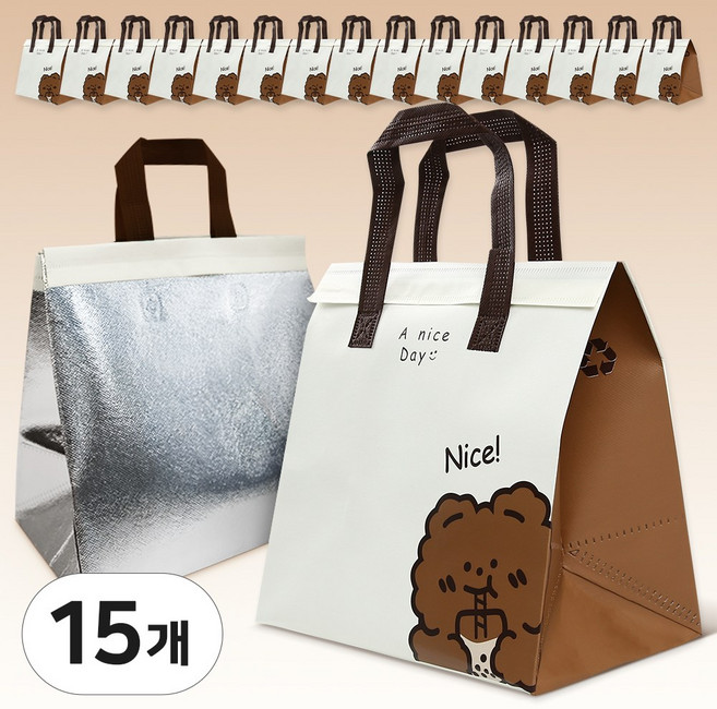 일회용 보냉가방 손잡이 은박 보냉백 캠핑용 도시락 보냉 가방, 15개, 나이스베어