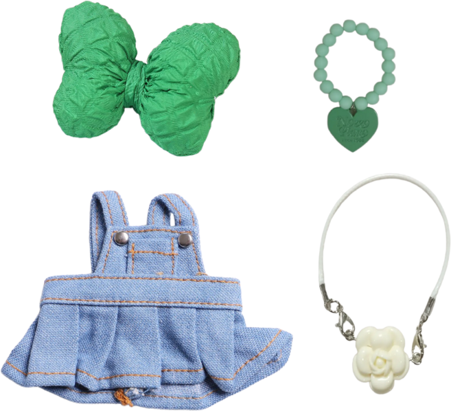 티니숲속 모루인형 옷 꾸미기 세트 10종 멜빵 원피스 니트 조끼 안경 소품 패키지, 1개, 연데님 멜빵 원피스 세트