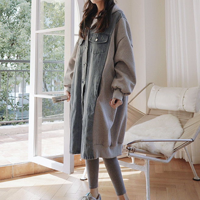 데일로엔 여성 데님 후드 맨투맨 롱 자켓